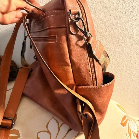 Vintage Tan vegan Leather Backpack with Patterned Strap - Picture 7 of 11